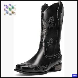 Square Toe Cowgirl Boots Chunky Heel Mid Calf Western Embroidered Pull On